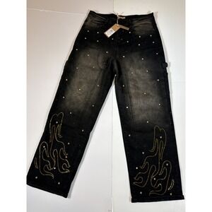 NEW - Uncle Ralph Men's Rhinestone Carpenter Wide Leg Washed Black  Denim Jeans